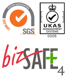 ISO 9001, UKAS and bizSAFE 4 certification marks